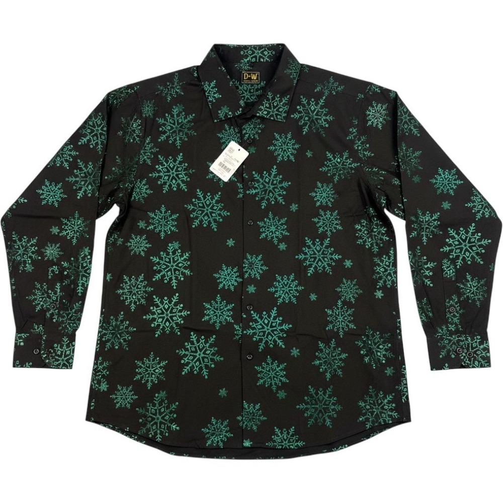 Barry Wang NWT XL Black Snowflake Shirt Metallic Green Christmas Button Up